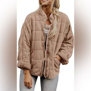 Womens Quilted Plush Zip-Up Coat Jacket - Taupe